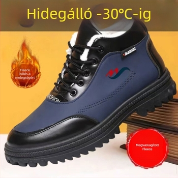 Férfi téli pamutcipő fleece béléssel, magas szárú bőr felsőrésszel, csúszásmentes, hétköznapi havas csizma