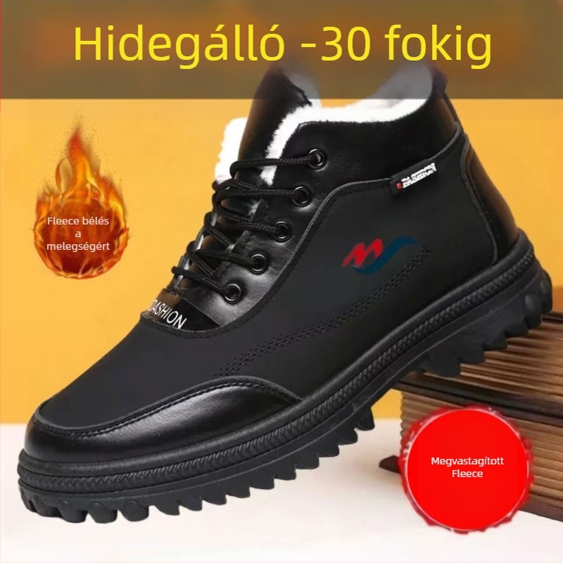 Férfi téli pamutcipő fleece béléssel, magas szárú bőr felsőrésszel, csúszásmentes, hétköznapi havas csizma