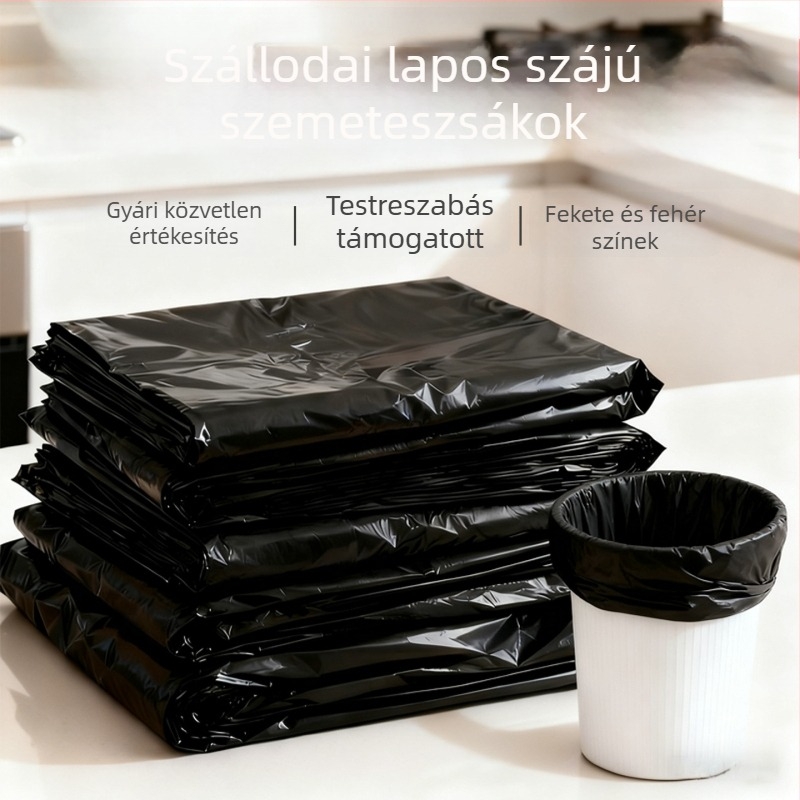 Egyszer használatos, fekete-fehér lapos szájú szemeteszsákok, vastagított anyagból, hotel szobákhoz és otthoni használatra