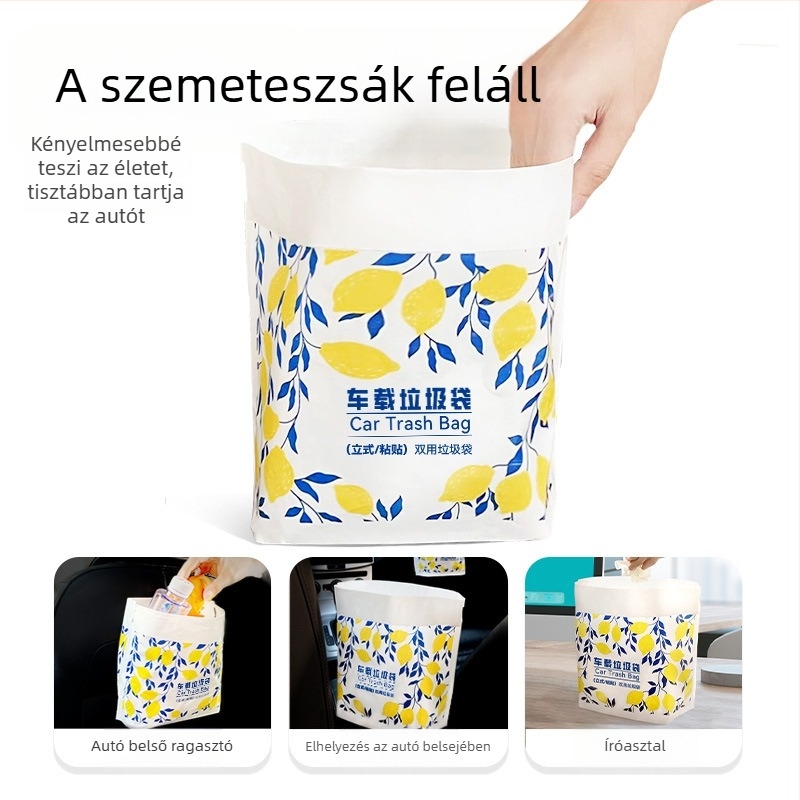 Autóba szerelhető szemeteszacskó önálló állással és ragasztó alapú rögzítéssel — asztali, irodai és otthoni, egyszer használatos tároló