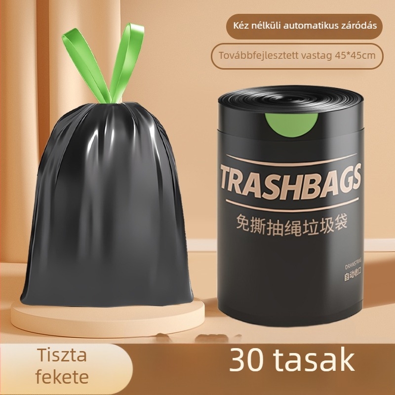 Háztartási szemeteszsákok zsinóros zárással, extra vastag, nagy méret, szakadásálló, műanyag, praktikus csomag