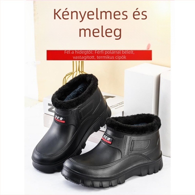Férfiak számára magasított pamut téli csizma, csúszásmentes és vízálló, fleece béléses, slip-on, meleg és vastag