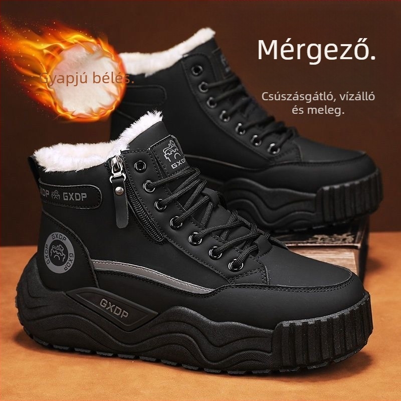 Férfi téli magas szárú bakancs, béléses, brit retro stílus, vastag talpú, melegen tartó