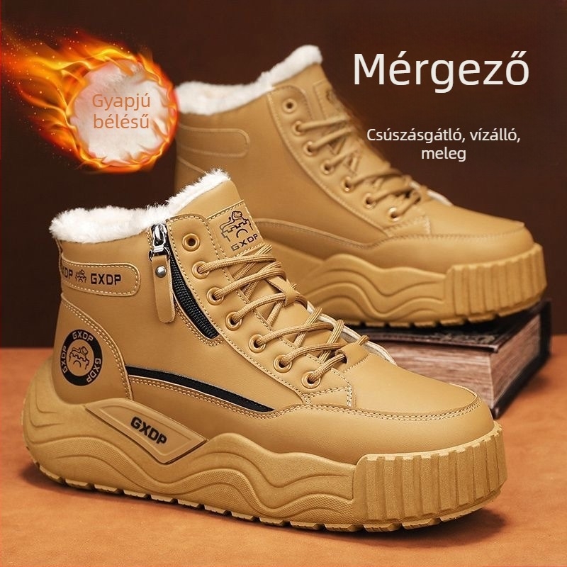 Férfi téli magas szárú bakancs, béléses, brit retro stílus, vastag talpú, melegen tartó