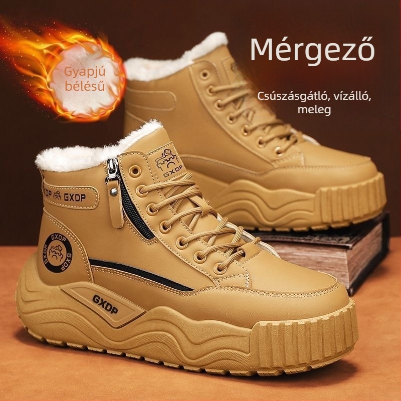 Férfi téli magas szárú bakancs, béléses, brit retro stílus, vastag talpú, melegen tartó