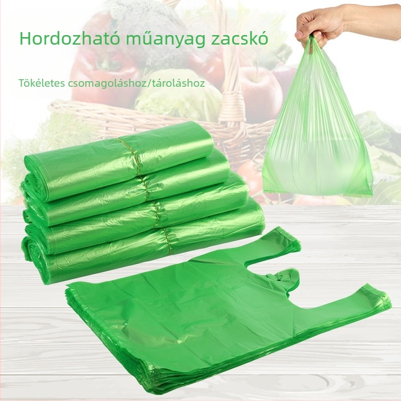 Hordozható, vastagított mellény-stílusú műanyag zacskók, egyszer használatos szemeteszsákok, nagy, közepes és kicsi méretben.