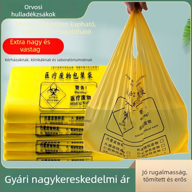 Kórházi orvosi hulladék zacskó, sárga, új anyagból, vastagított kivitel, mellény-stílusú, síknyílású
