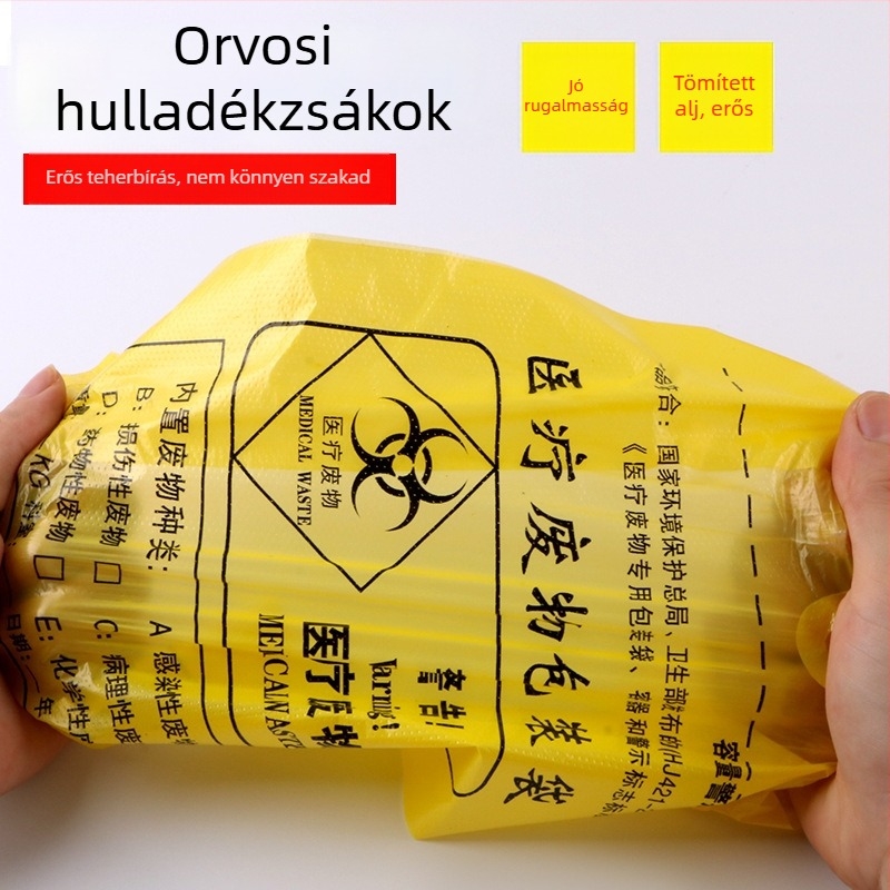 Kórházi orvosi hulladék zacskó, sárga, új anyagból, vastagított kivitel, mellény-stílusú, síknyílású