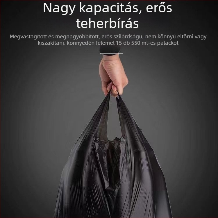 Családi nagy megvastagított műanyag szemeteszsák, egyszer használatos, fekete, mellény-stílusú, konyha és fürdőszoba számára