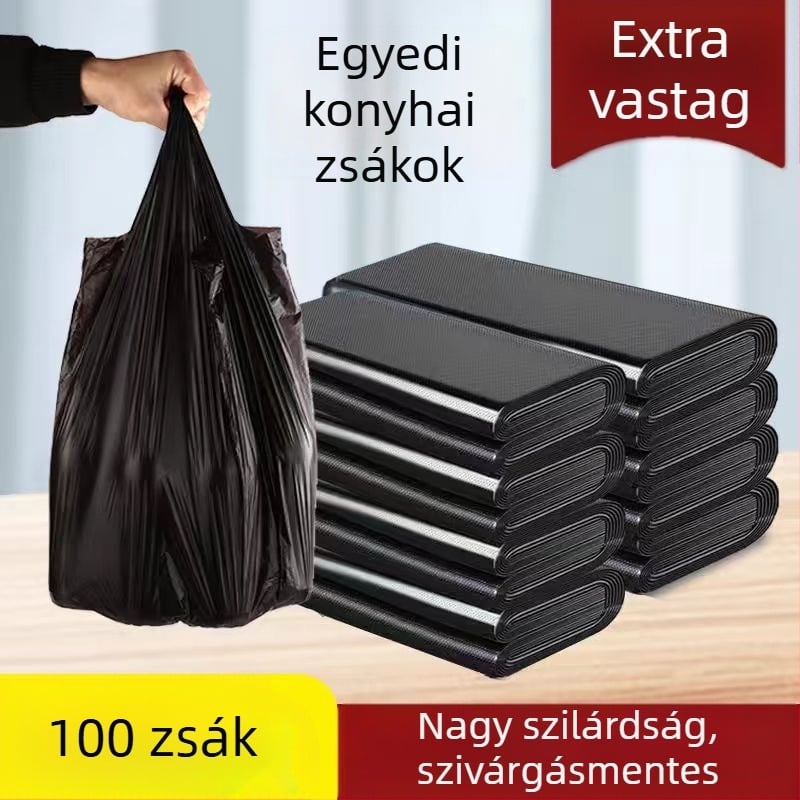Családi nagy megvastagított műanyag szemeteszsák, egyszer használatos, fekete, mellény-stílusú, konyha és fürdőszoba számára
