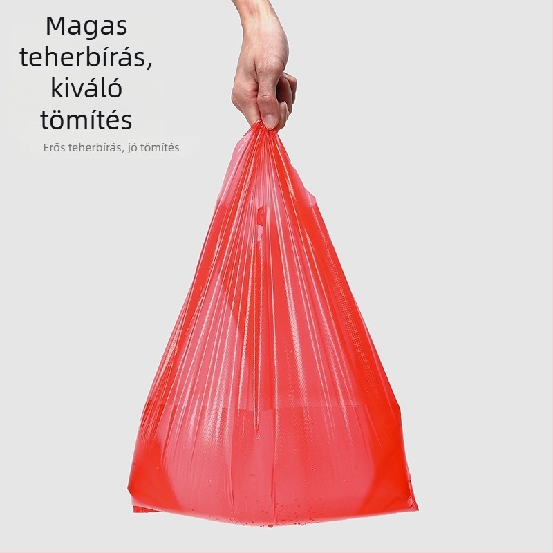 Vastagított piros HDPE műanyag zacskó bevásárláshoz, szemét és zöldségek csomagolására, elvitelre – mellény-stílusú zacskó