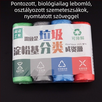 Biodegrádálható, vastagított, nagy méretű szemeteszsák zsinóros zárással, otthoni konyhai hulladék-szortírozáshoz.