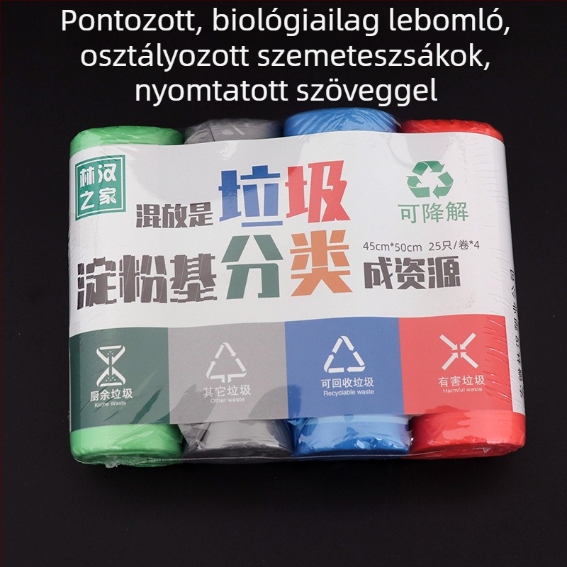 Biodegrádálható, vastagított, nagy méretű szemeteszsák zsinóros zárással, otthoni konyhai hulladék-szortírozáshoz.