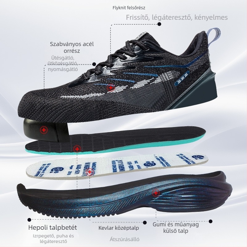 Férfi munkavédelmi cipő Fly-Knit felsőrésszel, perforáció és ütés elleni védelem, kopásálló, puha talpú, acélorrú