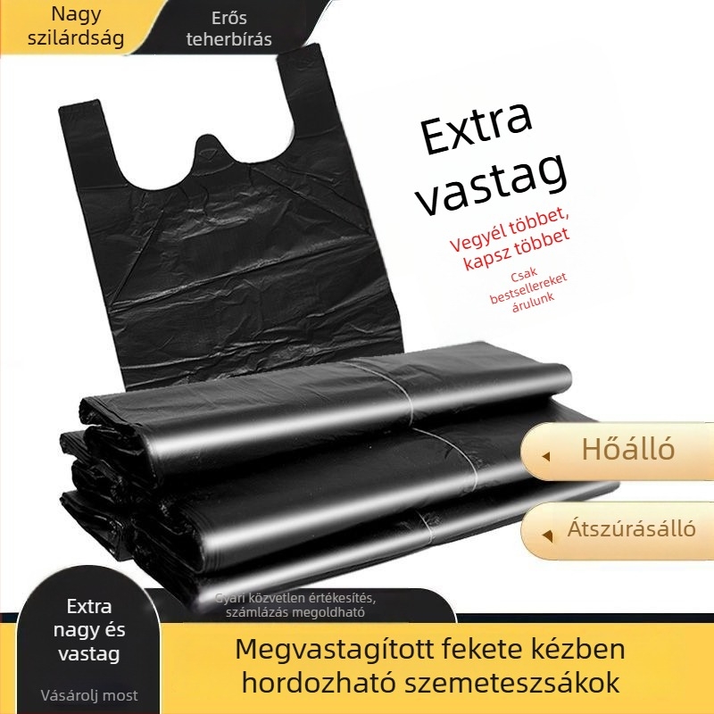 Fekete extra vastag háztartási szemeteszsákok, PE műanyagból, konyhai vest-stílusú