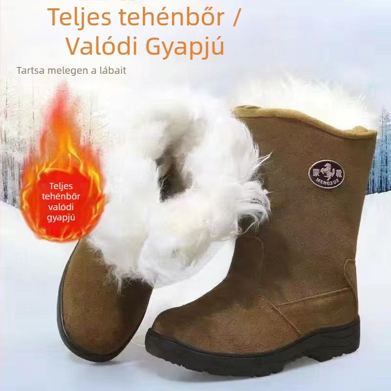 Mongol stílusú férfi bőr téli csizma, vastag talppal és gyapjú bélésse, magas szárú Martin csizma, csúszásmentes és meleg -40 °C-ig
