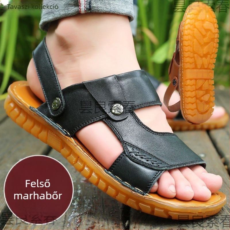 Férfi szandál első osztályú marhabőrből, TPU talppal, nyitott orrú, nyári casual, csúszásmentes, puha talpú, csattal záródó