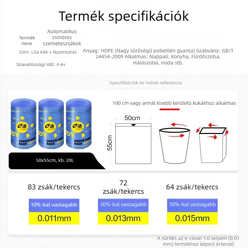 Vastagított szemeteszsák zsinóros kialakítással, otthoni használatra, fogantyúval