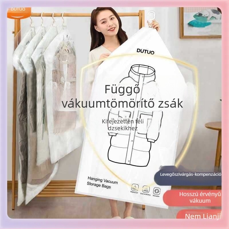 Akasztós vákuum-tömörítő zsák ruhák tárolására, ideális a garderoba rendezéséhez