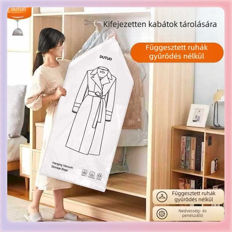 Akasztós vákuum-tömörítő zsák ruhák tárolására, ideális a garderoba rendezéséhez