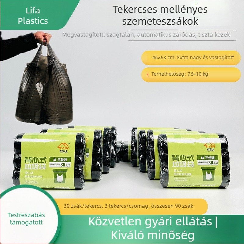 Otthoni mellény-stílusú szemeteszsákok, fekete, nagy méretű, vastagított, szúrásálló, szállodák, konyhák és iskolák számára.