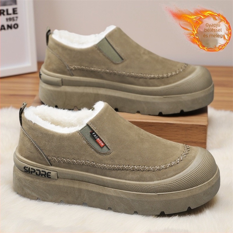 Férfi téli csizma alacsony szárú, fleece béléssel, meleg, Old Beijing pamutcipő, slip-on, csúszásmentes, vastag talppal