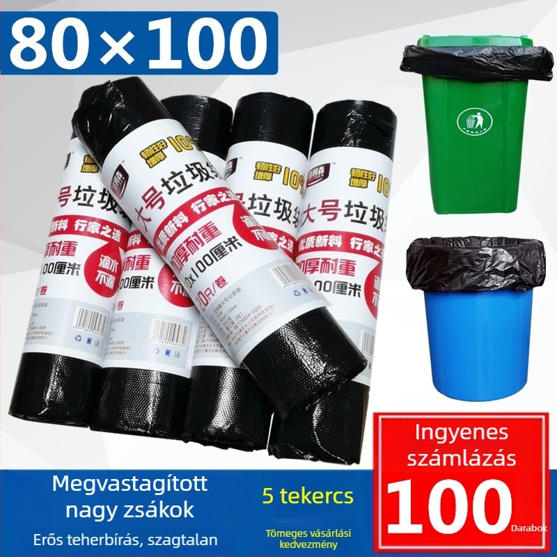 Fekete, vastagított szemeteszsákok, 80×100 cm, szállodák és catering számára, PE anyagú, nem lebomló