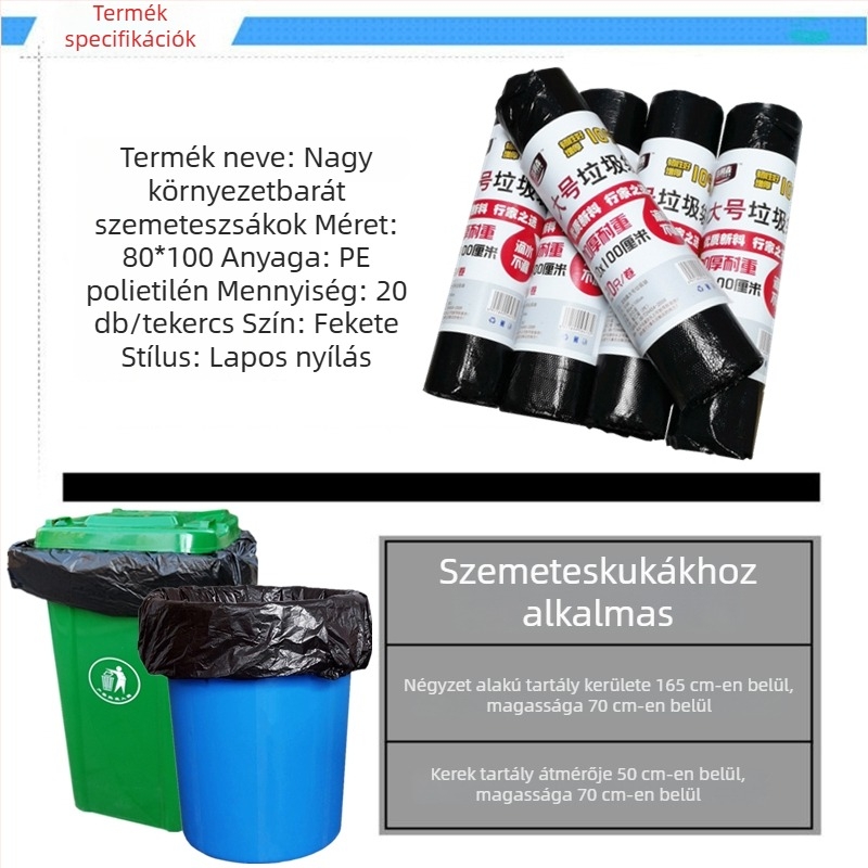 Fekete, vastagított szemeteszsákok, 80×100 cm, szállodák és catering számára, PE anyagú, nem lebomló
