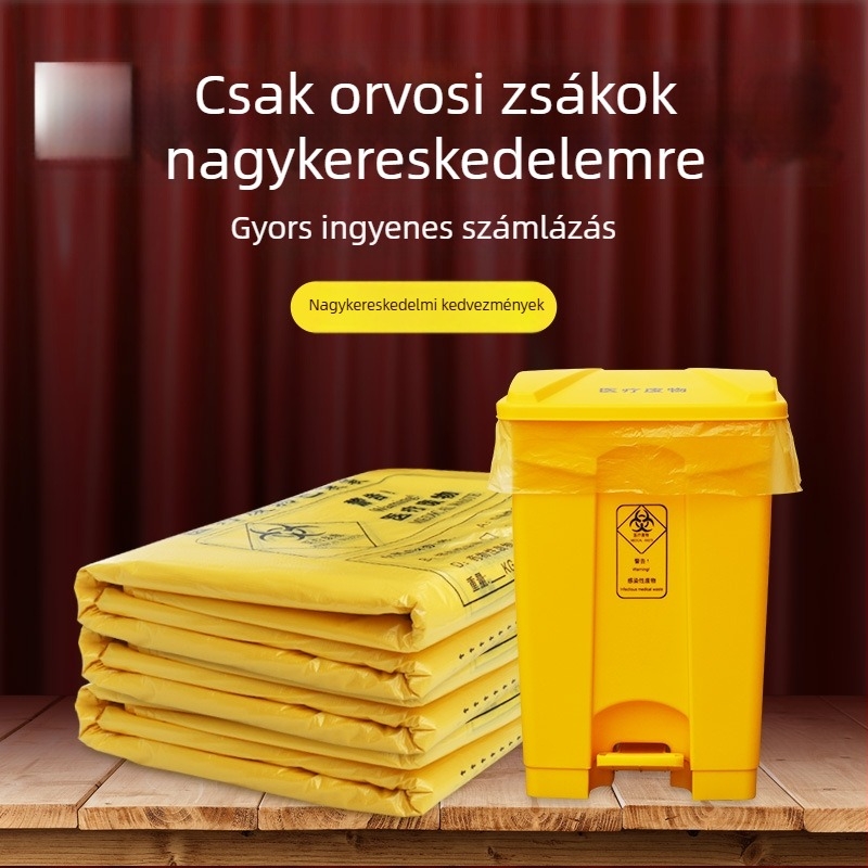 Vastagított sárga orvosi hulladékzsák, lapos szájú mellény-típus, egyszer használatos, PE anyag, kórházi használatra