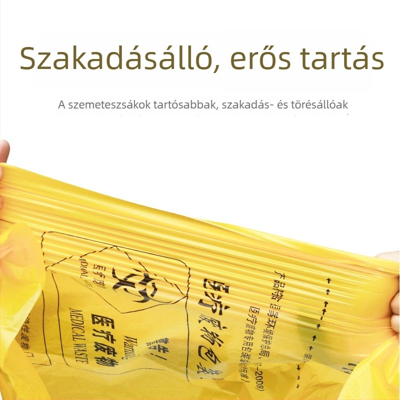 Vastagított sárga orvosi hulladékzsák, lapos szájú mellény-típus, egyszer használatos, PE anyag, kórházi használatra