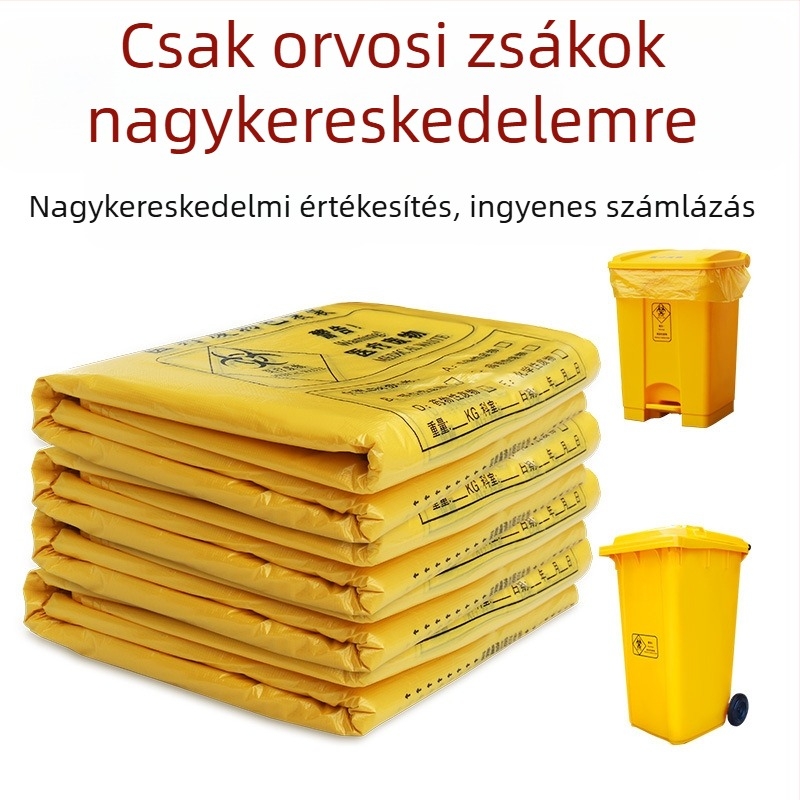 Vastagított sárga orvosi hulladékzsák, lapos szájú mellény-típus, egyszer használatos, PE anyag, kórházi használatra