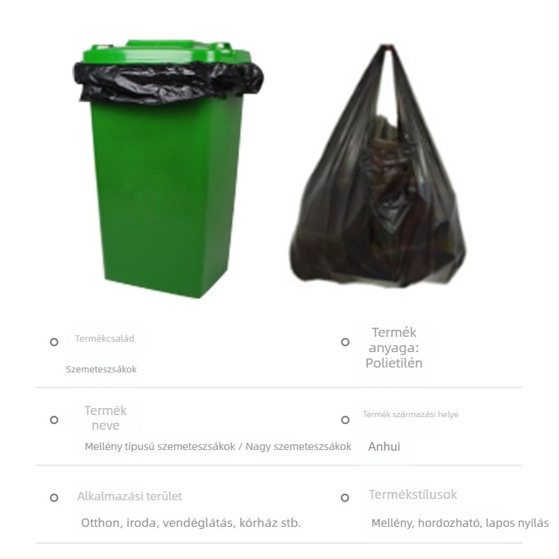 Megvastagított szemeteszsák lapos szájú váll-stílusú fogantyúval, nagy kapacitású, fekete, PE, háztartási és kereskedelmi használatra