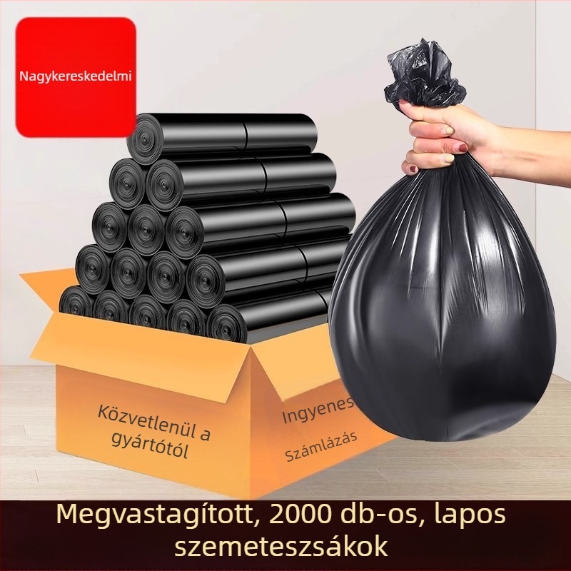 Vastagított fekete szemeteszsák, mellény-stílusú, egyszer használatos, hordozható, otthoni, szállodai és éttermi használatra, tartós műanyag.