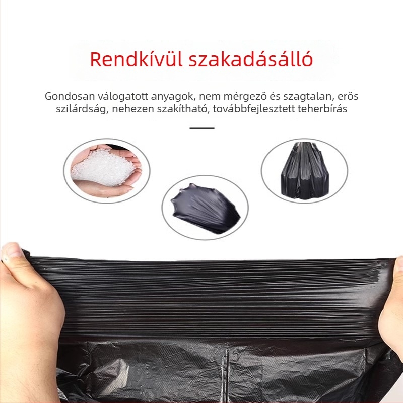 Vastagított fekete szemeteszsák, mellény-stílusú, egyszer használatos, hordozható, otthoni, szállodai és éttermi használatra, tartós műanyag.