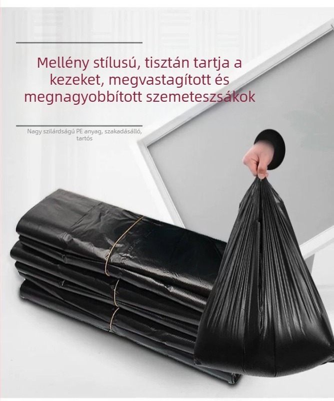 Fekete műanyag szemeteszsákok mellény-stílusú kialakítással, otthonra és a konyhába, nagykereskedelmi csomag