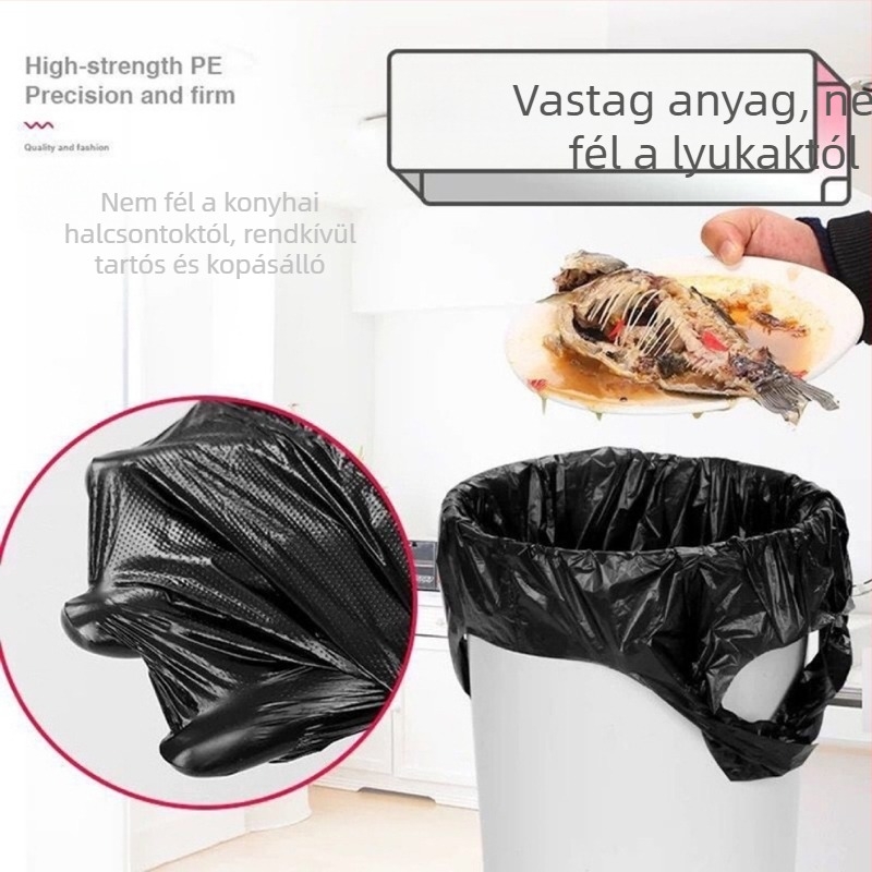 Fekete műanyag szemeteszsákok mellény-stílusú kialakítással, otthonra és a konyhába, nagykereskedelmi csomag