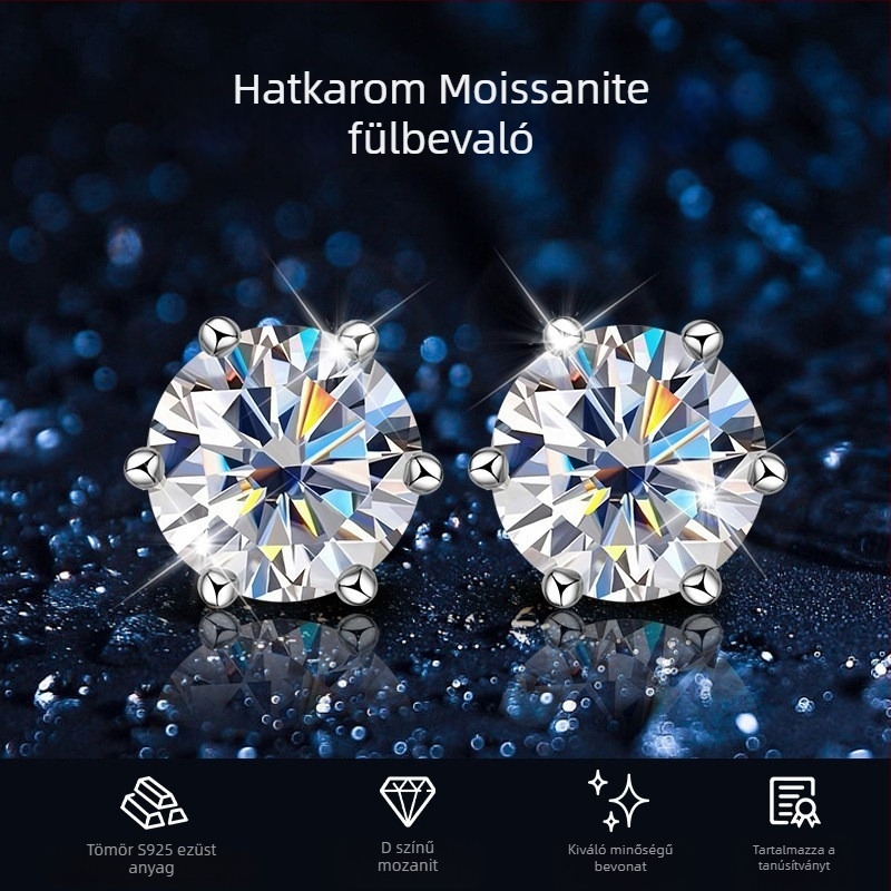 S925 Sterling ezüst Moissanite fülbevalók nőknek, klasszikus hatágú foglalat, fehérarany bevonatú, divatos ékszer