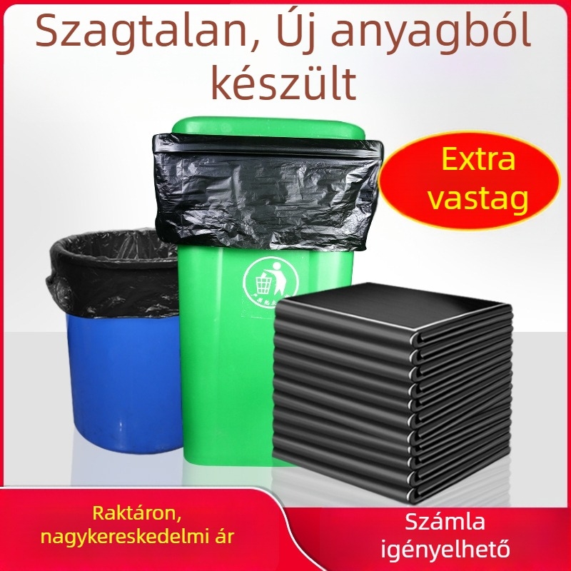 Nagy méretű egyszerhasználatos fekete műanyag szemeteszsákok, vastagított kivitel, sík nyílással, szállodák és ingatlankezeléshez