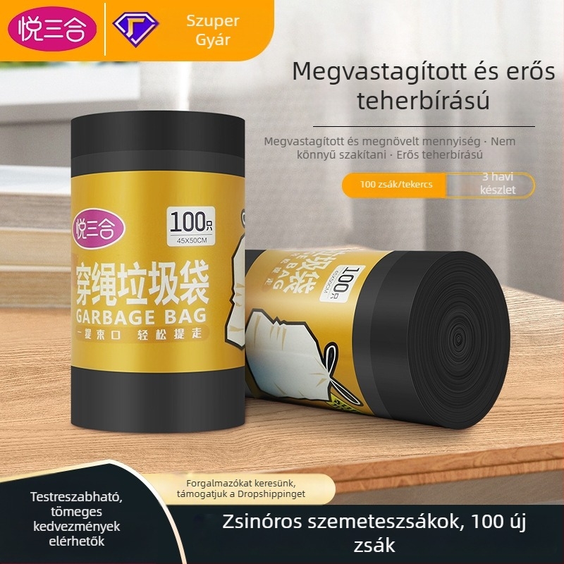Húzózsinóros szemeteszsákok automatikus záródással, hordozható, vastagított kivitel, nagy méretű, háztartási konyhai egyszer használatos műanyag zacskók, gazdaságos csomag
