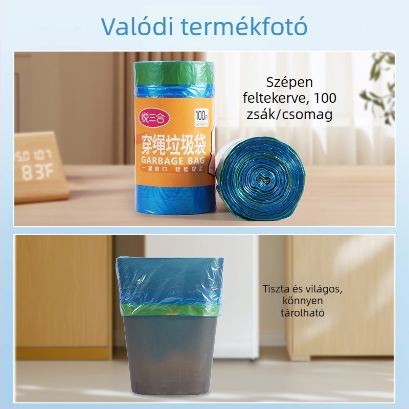 Nagy fekete szemeteszsákok, 100 darab, fogantyúval, vastagított, húzózsinórral záródó, otthoni használatra, konyhára vagy kollégiumba.