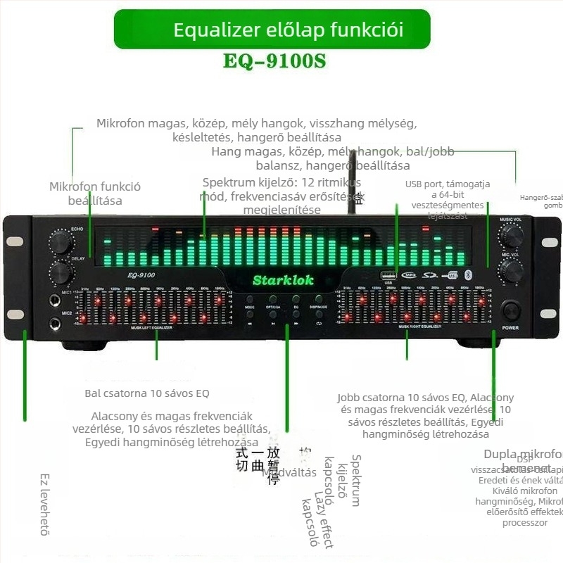 Szakmai EQ ekvivalizer Bluetooth 5.4, optikai és koaxiális digitális hangdekódolás, USB‑flash meghajtó, audiophile előfokozó lejátszó