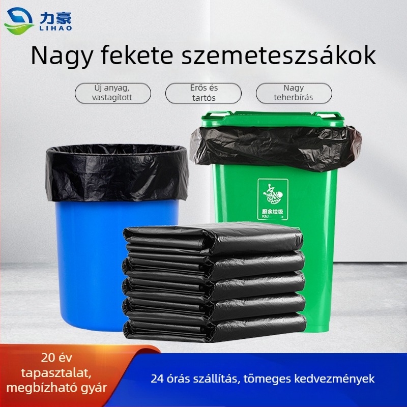 Egyszer használatos nagy szemeteszsák lapos szájú, fekete műanyag zacskó háztartási használatra