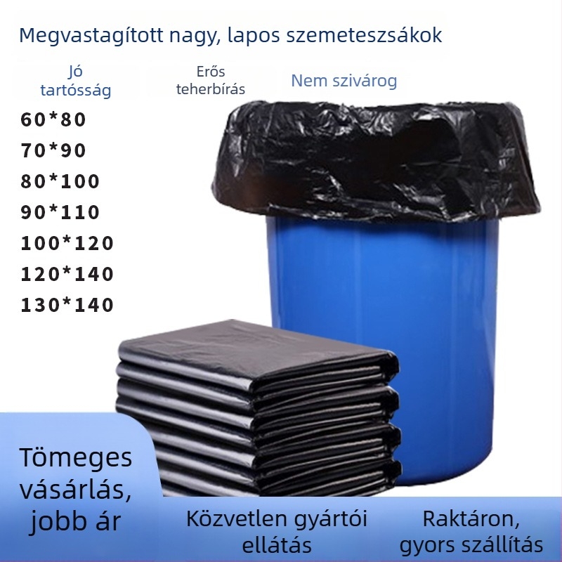 Vastagított, nagy fekete lapos szájú szemeteszsák, egyszer használatos, HDPE, konyhai és ingatlanfenntartási célokra