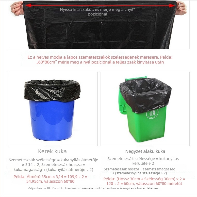 Vastagított, nagy fekete lapos szájú szemeteszsák, egyszer használatos, HDPE, konyhai és ingatlanfenntartási célokra