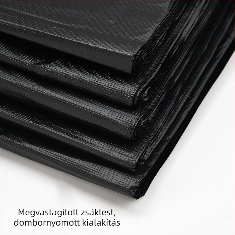 Vastagított, nagy fekete lapos szájú szemeteszsák, egyszer használatos, HDPE, konyhai és ingatlanfenntartási célokra