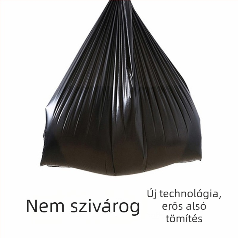 Vastagított, nagy fekete lapos szájú szemeteszsák, egyszer használatos, HDPE, konyhai és ingatlanfenntartási célokra