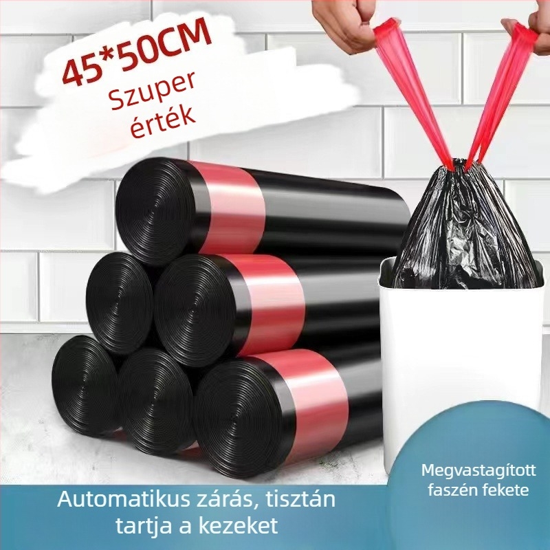 Nagy kék húzós szemeteszsák, kosár alakú zárással, háztartási használatra