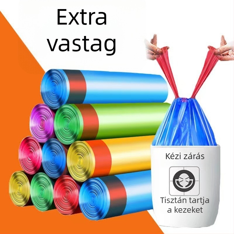 Nagy kék húzós szemeteszsák, kosár alakú zárással, háztartási használatra