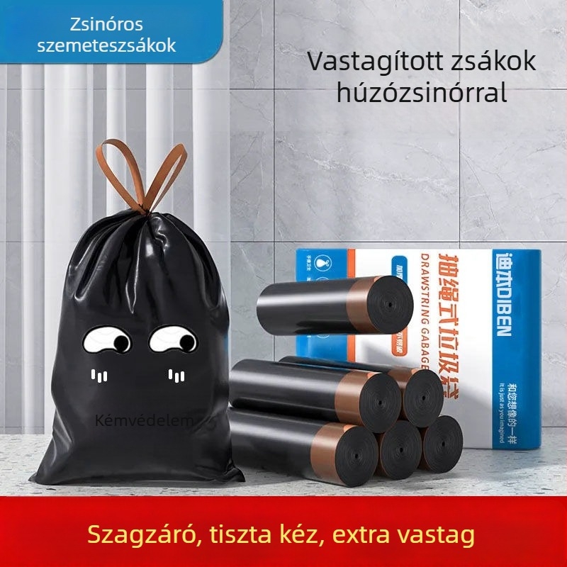 Húzós szemeteszsákok otthoni használatra, vastagított közepes és nagy méret, fekete műanyag zacskók a konyhához, extra vastag és tartós