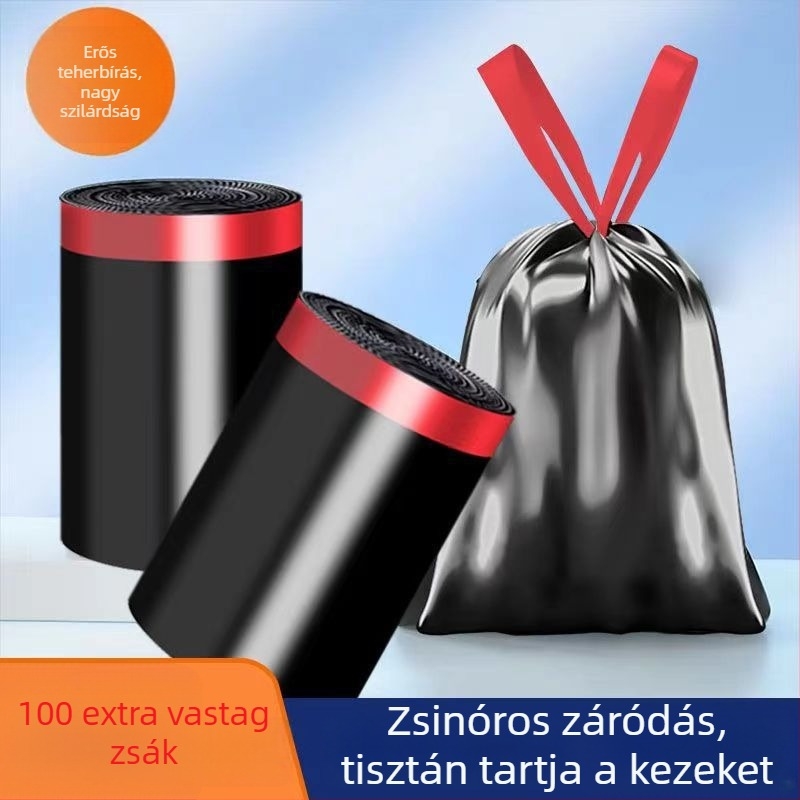 Sűrített szemeteszsák zsinóros zárással, nagy méret otthoni/konyhai használatra